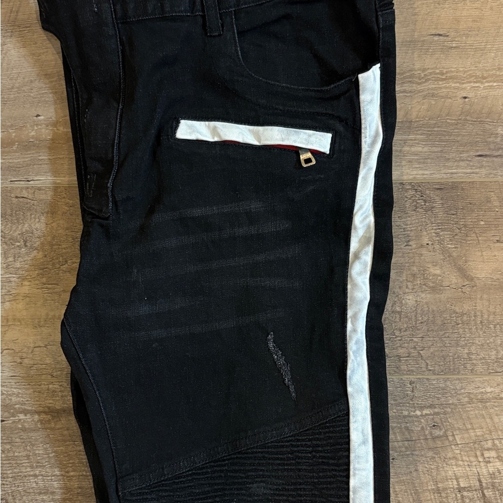 Balmain Men's Skinny Jeans - Black with White & Red Side Stripes - Picture 4 of 7